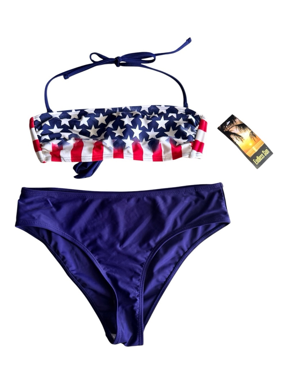 Endless Sun American Flag Patriotic Bandeau Bikini Top & Bottoms.
Size S